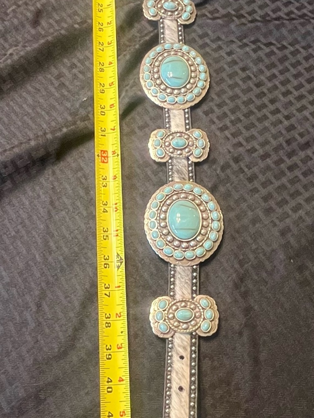 SSM numbered Cowhide adjustable Belt with Silver/Faux Turqoise Conchos - Picture 7 of 7